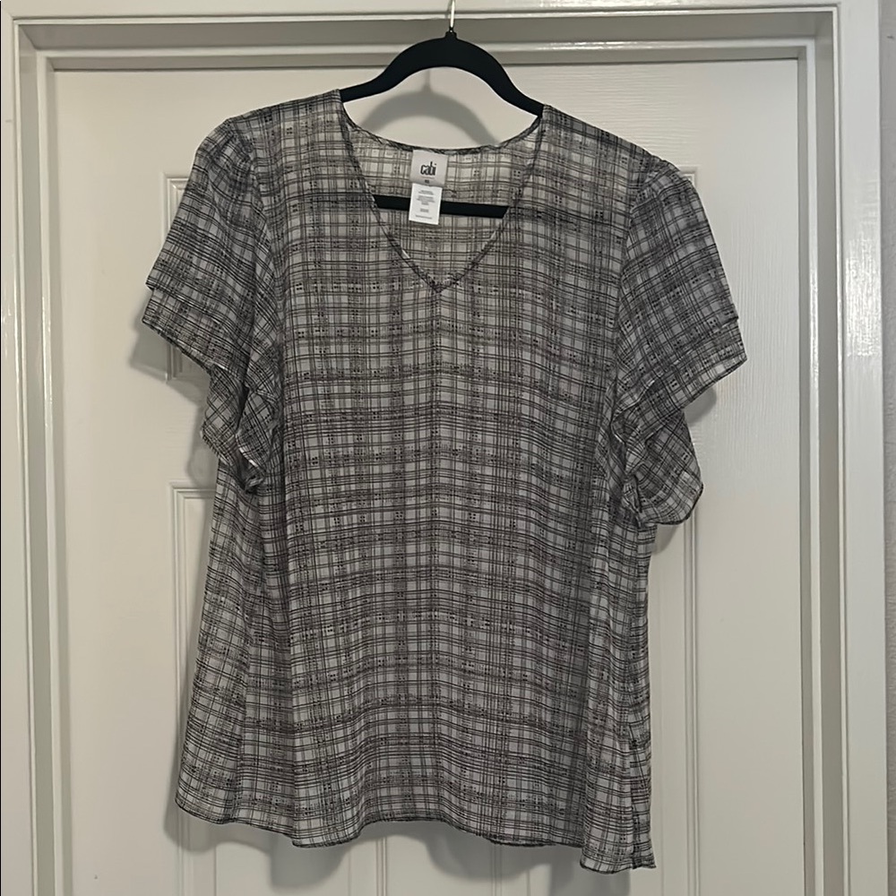 CAbi Gray and White Flutter Sleeve Blouse